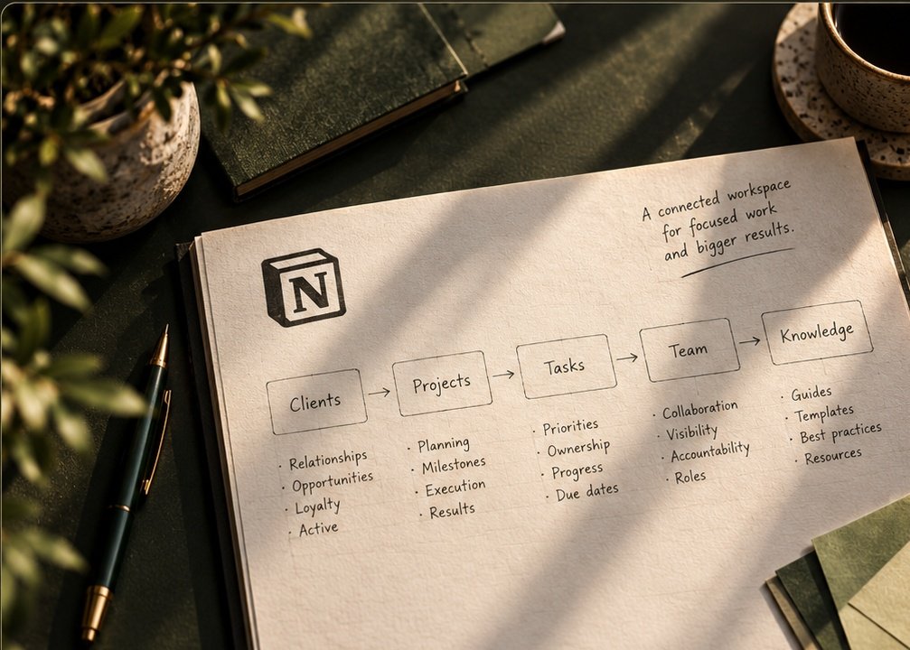 Editorial Notion operations system με workflow Clients, Projects, Tasks, Team και Knowledge