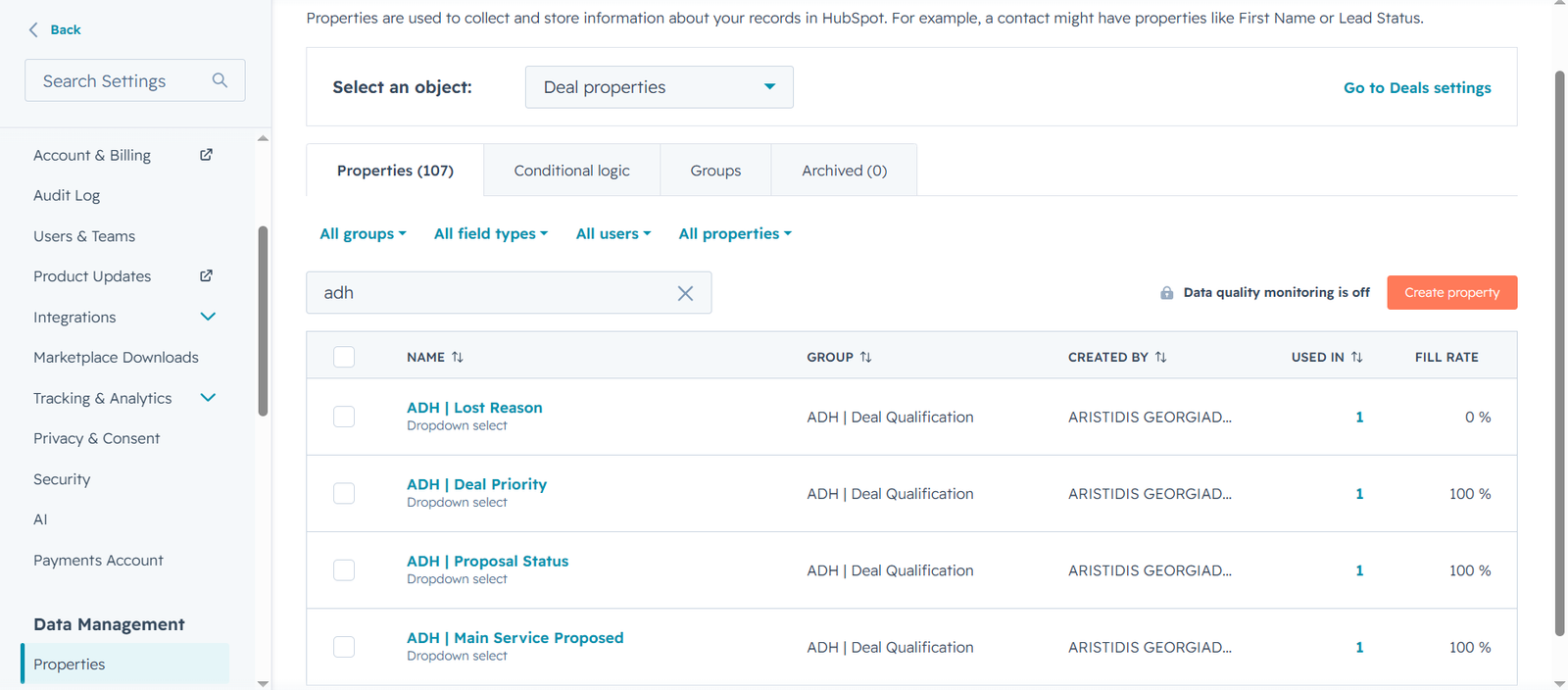 Custom HubSpot deal properties που παραμετροποιήθηκαν για την άσκηση CRM του Aris Digital Hub