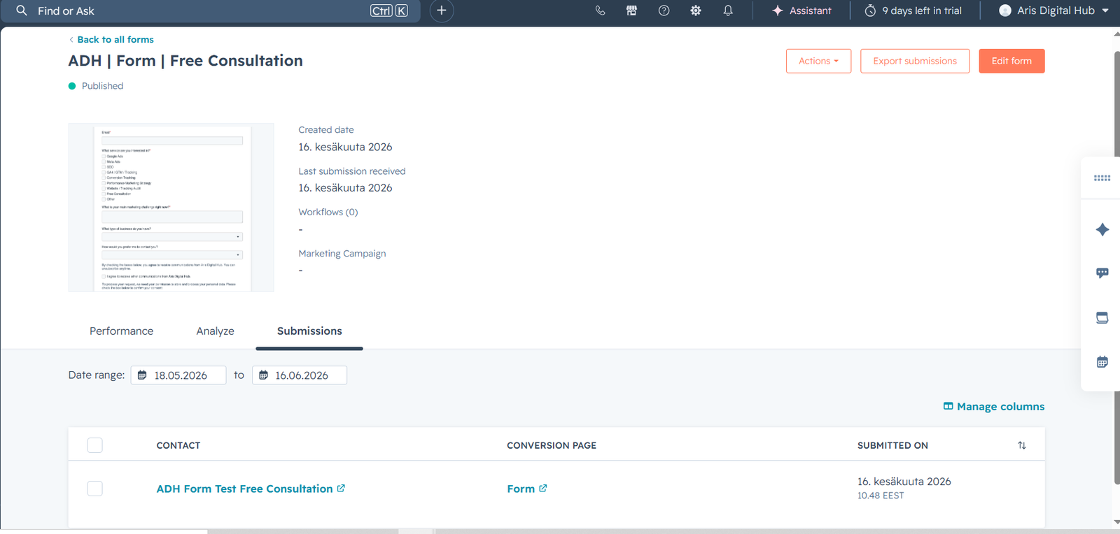 Τεκμήριο HubSpot form submission που δείχνει τη δημιουργία test contact