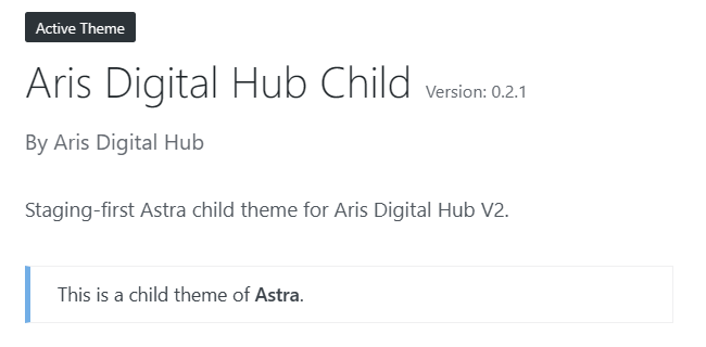 Το Astra child theme του Aris Digital Hub ενεργό στο WordPress staging