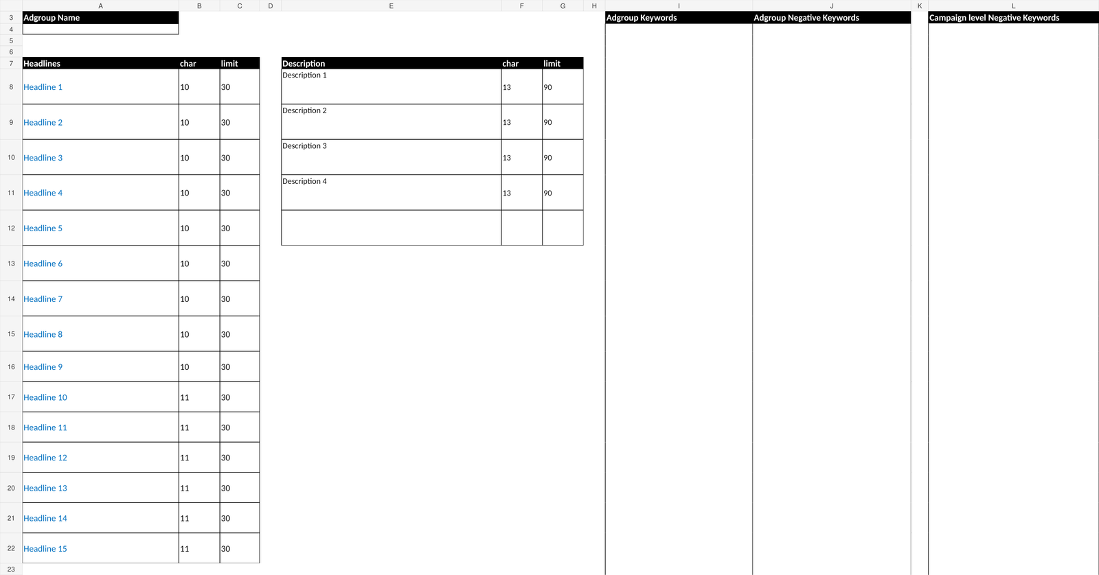 Campaign planning spreadsheet με ad groups, keywords, negative keywords, RSA headlines και descriptions