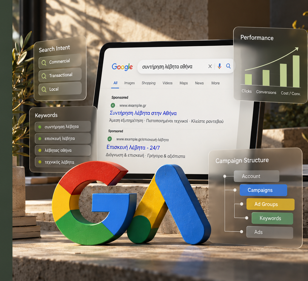 Google Ads Search strategy visual με search intent, keywords, campaign structure και performance signals