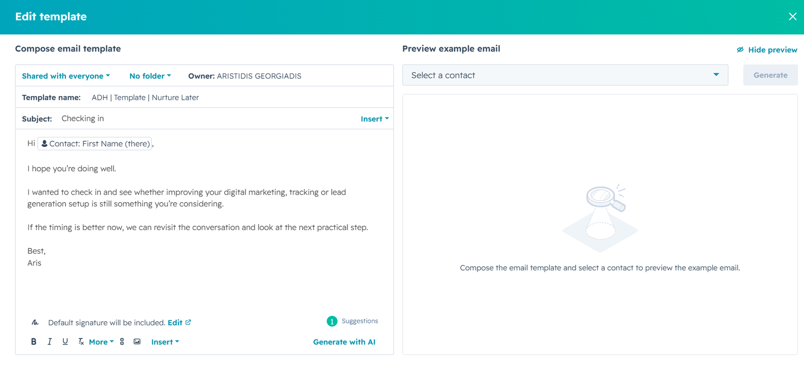 HubSpot message template με personalisation tokens στην άσκηση CRM