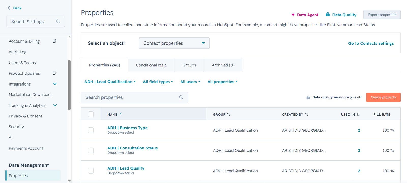 Custom HubSpot contact properties που παραμετροποιήθηκαν για την άσκηση CRM του Aris Digital Hub
