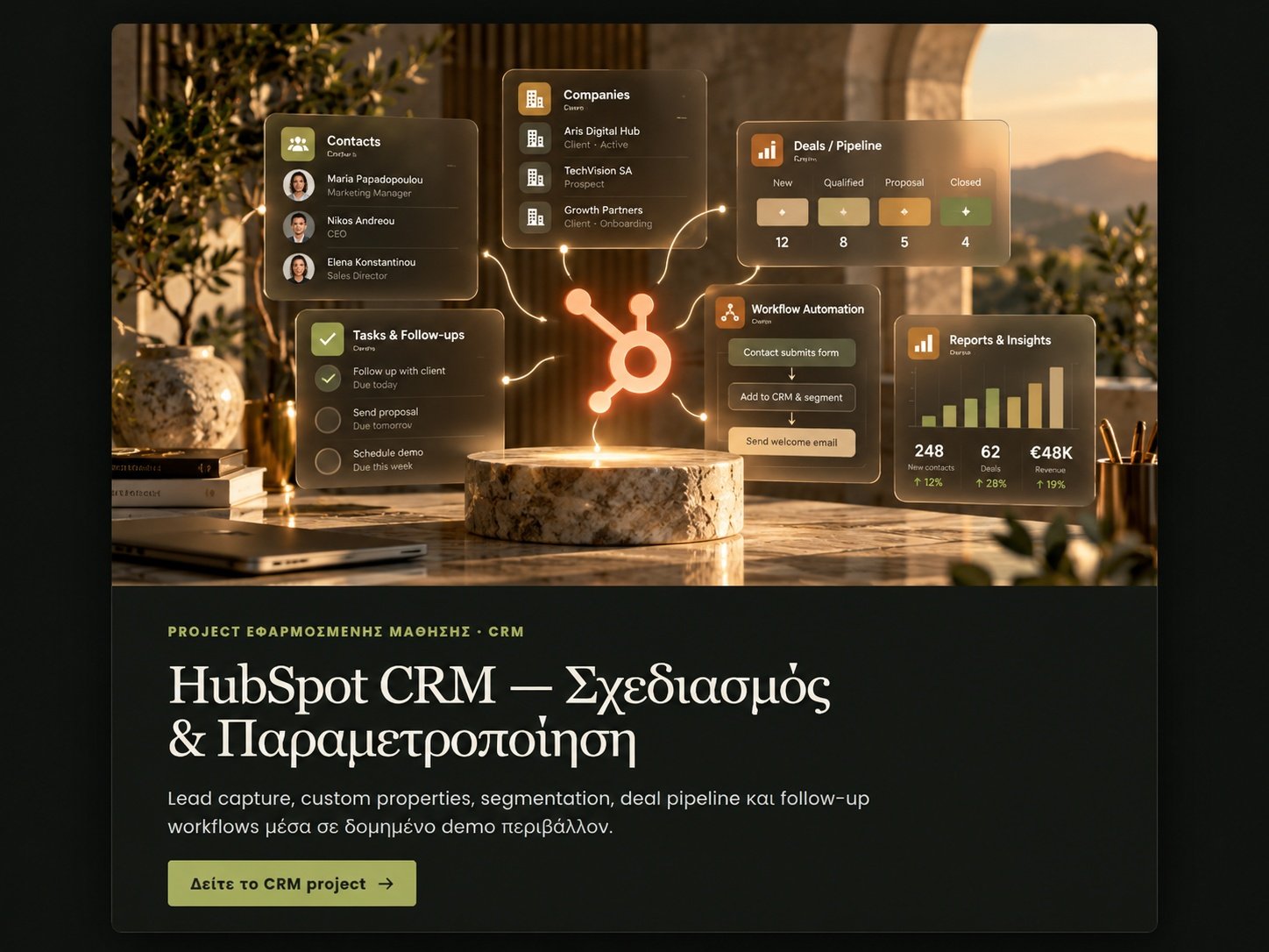 HubSpot CRM visual με contacts, companies, pipeline, workflows, follow-up και reporting