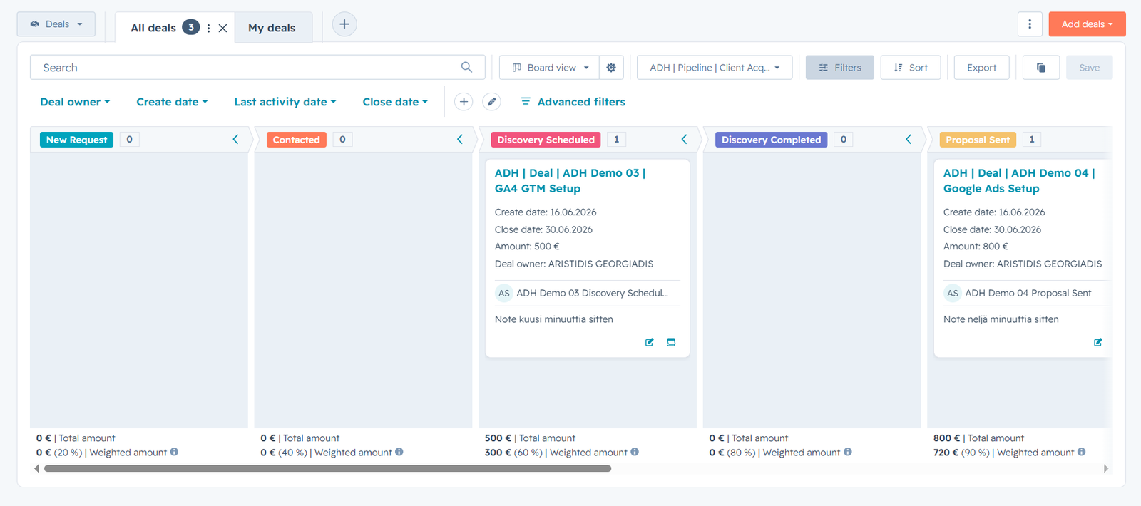 HubSpot deal pipeline board με σαφώς επισημασμένα demo deals