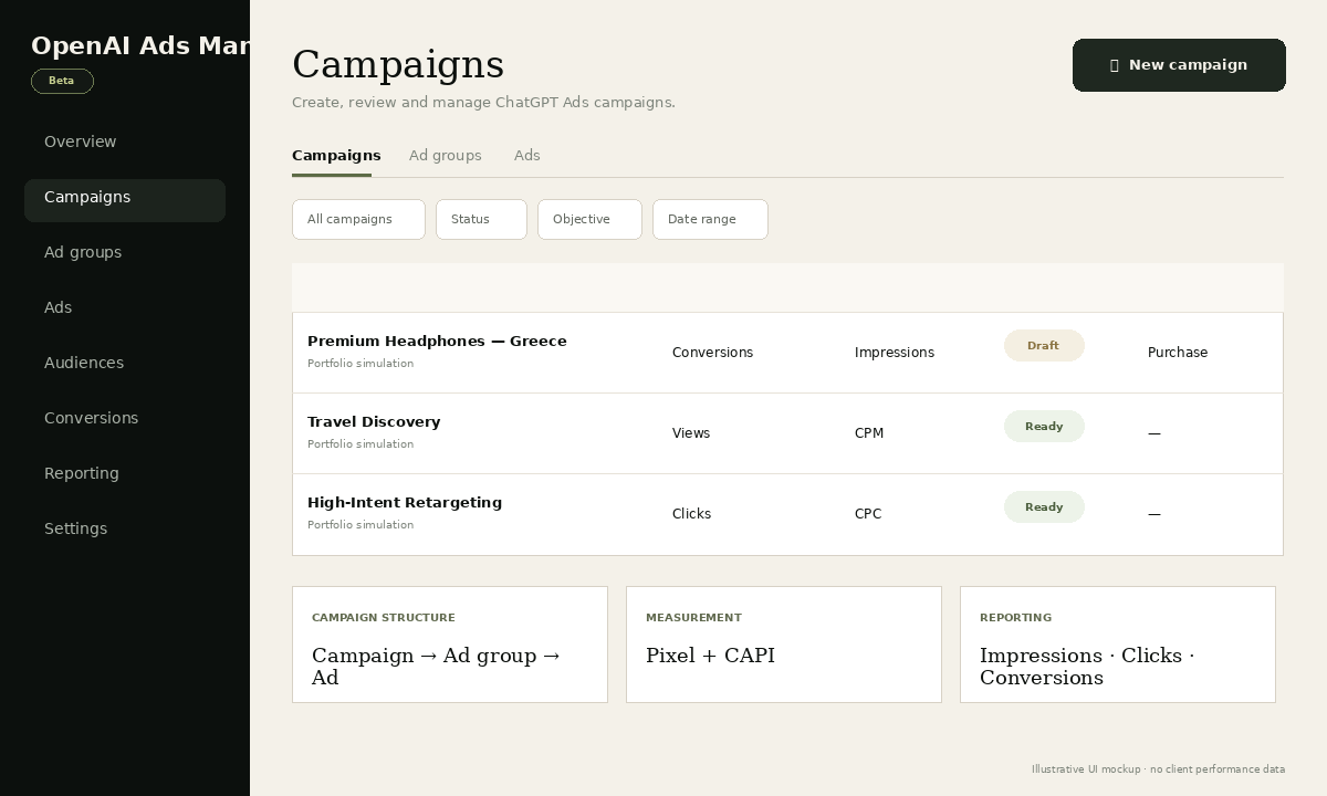 Illustrative OpenAI Ads Manager Beta UI με campaigns, objectives, billing και reporting